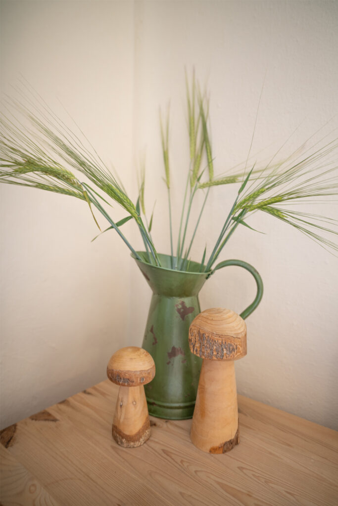 Deko in der Ferienwohnung Seeblick - eine Milchkanne mit Holzpilzen und Ähren